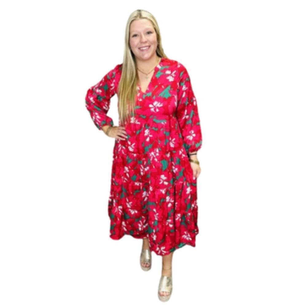 Michelle McDowell Long Sleeve Poinsettia Floral Midi Dress Red Pink Size XL